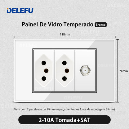 DELEFU 4*2 Branco Temperado Vidro Brasil Soquete Padrão Duplo Usb Tipo C Parede Soquete Interruptor 10A 20A