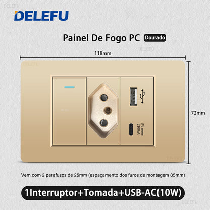 DELEFU À Prova De Fogo PC Brasil Soquete Padrão Duplo USB Tipo-c Interruptor 4 * 2 Ouro 10A 20A