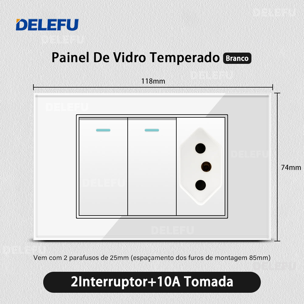 DELEFU 4*2 Branco Temperado Vidro Brasil Soquete Padrão Duplo Usb Tipo C Parede Soquete Interruptor 10A 20A