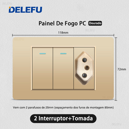 DELEFU À Prova De Fogo PC Brasil Soquete Padrão Duplo USB Tipo-c Interruptor 4 * 2 Ouro 10A 20A