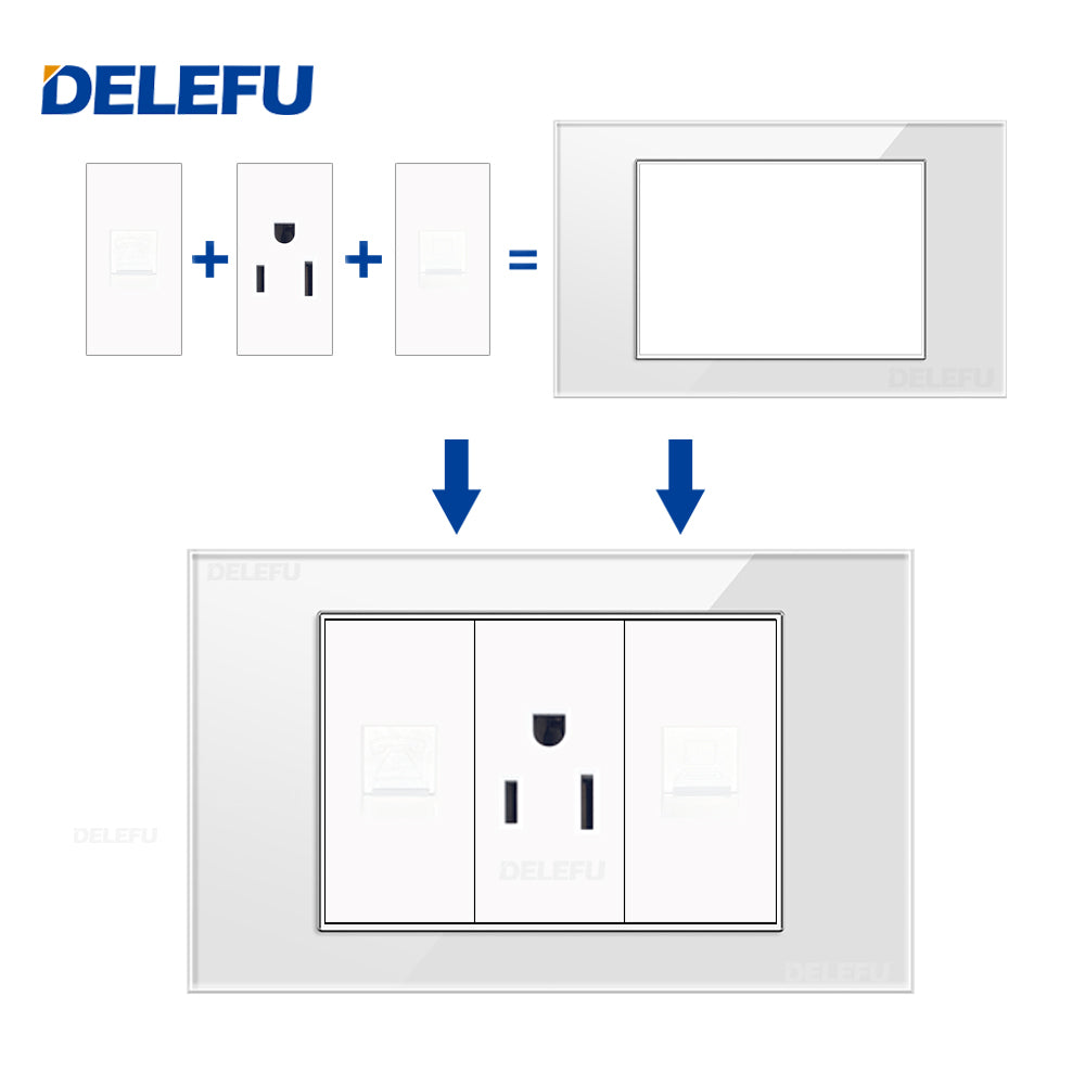 DELEFU Brasil 10A 20A Padrão Combinação Livre Branco 118mm * 72mm DIY Switch CAT6 Computador TV Telefone Satélite Tomada de Parede