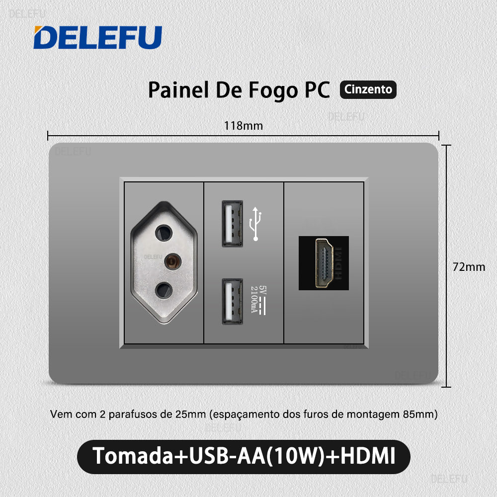 DELEFU À Prova De Fogo PC Brasil Soquete Padrão Duplo USB Tipo-c Interruptor 4 * 2 Cinza 10A 20A