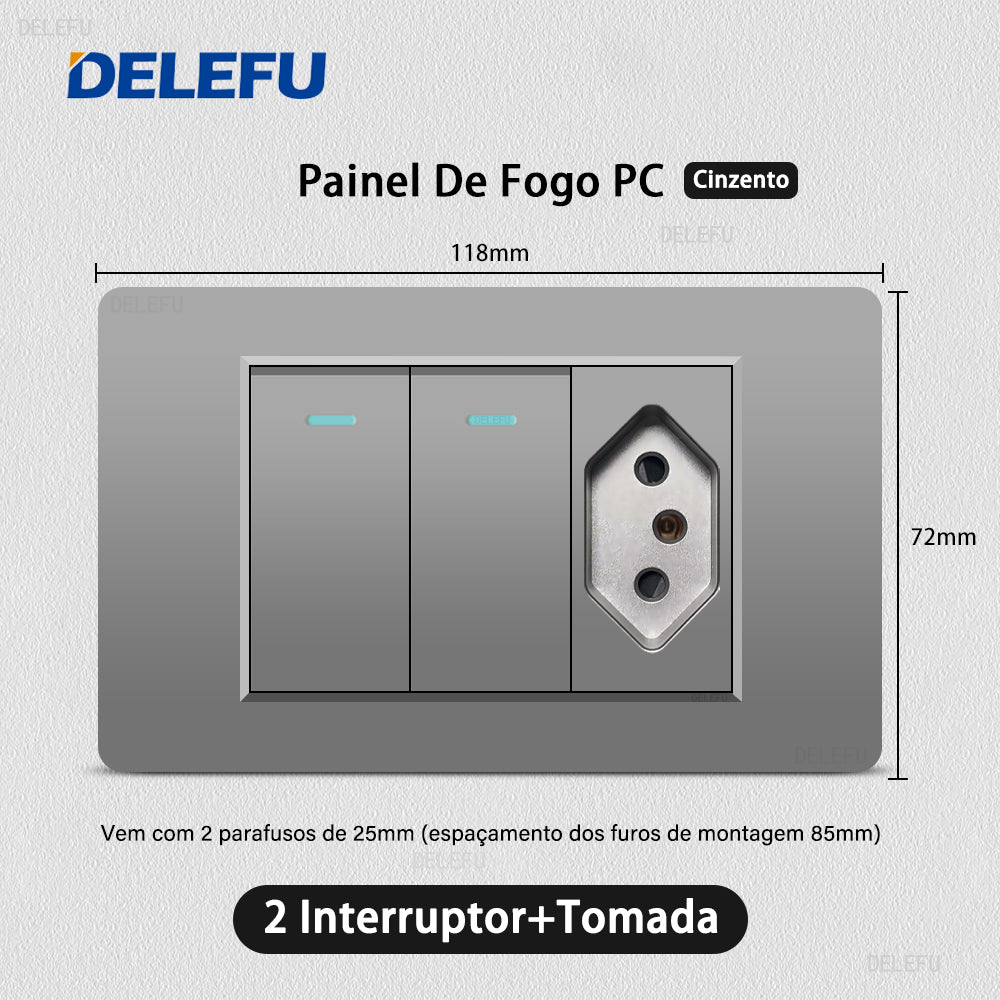 DELEFU À Prova De Fogo PC Brasil Soquete Padrão Duplo USB Tipo-c Interruptor 4 * 2 Cinza 10A 20A
