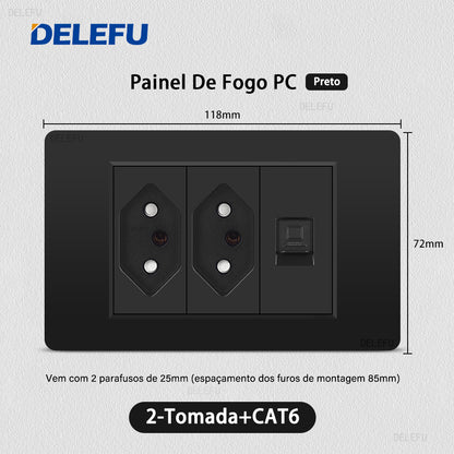 DELEFU À Prova De Fogo PC Brasil Soquete Padrão Duplo USB Tipo-c Interruptor 4 * 2 Preto 10A 20A