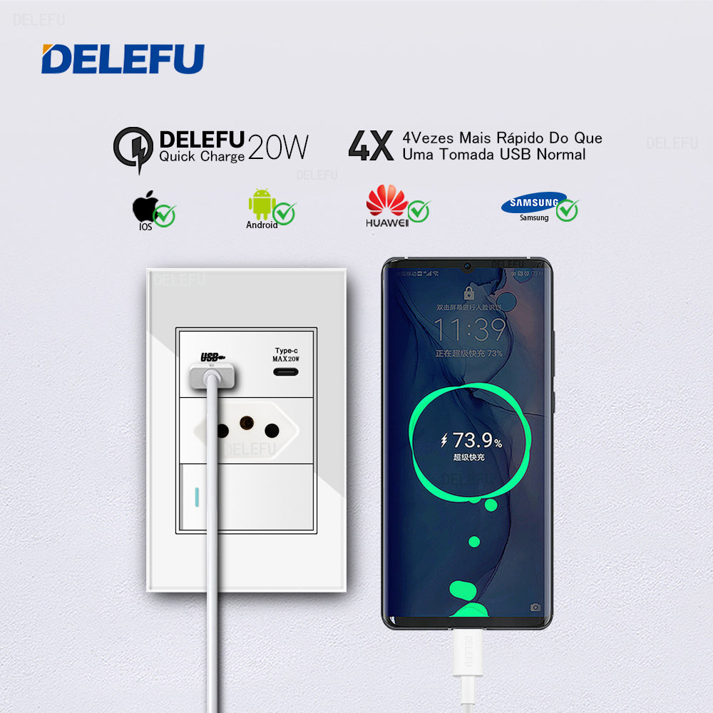 DELEFU 4*2 Branco Temperado Vidro Brasil Soquete Padrão Duplo Usb Tipo C Parede Soquete Interruptor 10A 20A