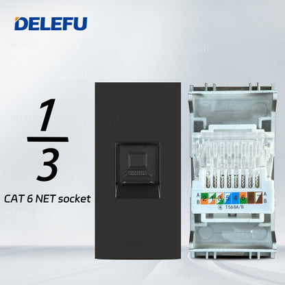 DELEFU Brasil 10A 20A Padrão Combinação Livre Preto 118mm * 72mm DIY Switch CAT6 Computador TV Telefone Satélite Tomada de Parede