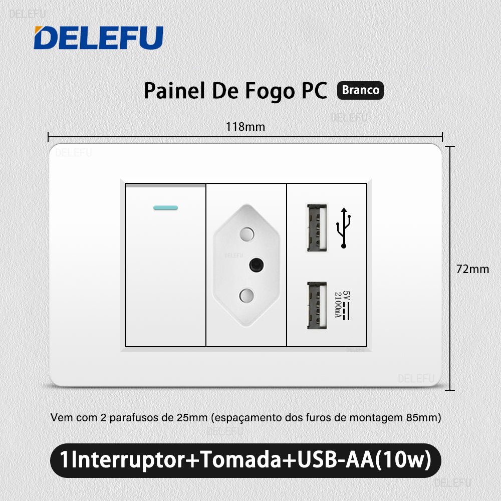 DELEFU À Prova De Fogo PC Brasil Soquete Padrão Duplo USB Tipo-c Interruptor 4 * 2 Branco 10A 20A