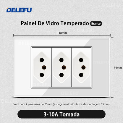 DELEFU 4*2 Branco Temperado Vidro Brasil Soquete Padrão Duplo Usb Tipo C Parede Soquete Interruptor 10A 20A