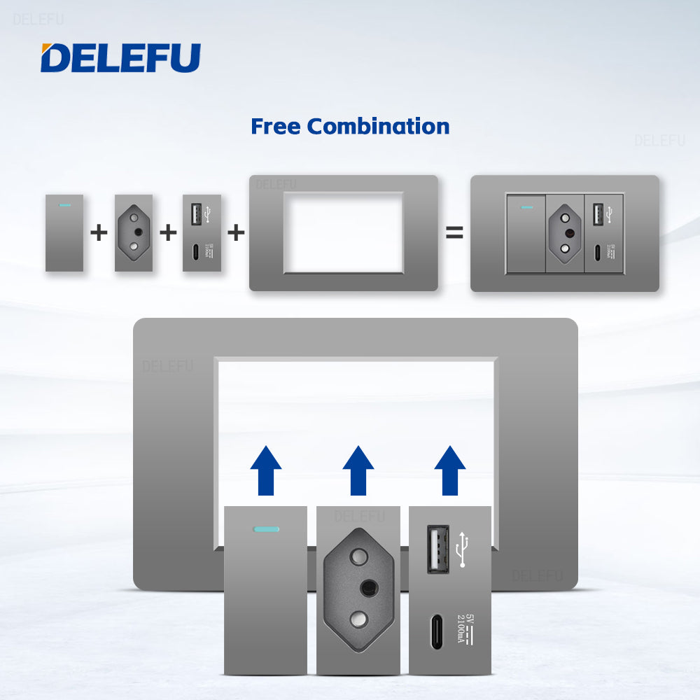 DELEFU À Prova De Fogo PC Brasil Soquete Padrão Duplo USB Tipo-c Interruptor 4 * 2 Cinza 10A 20A
