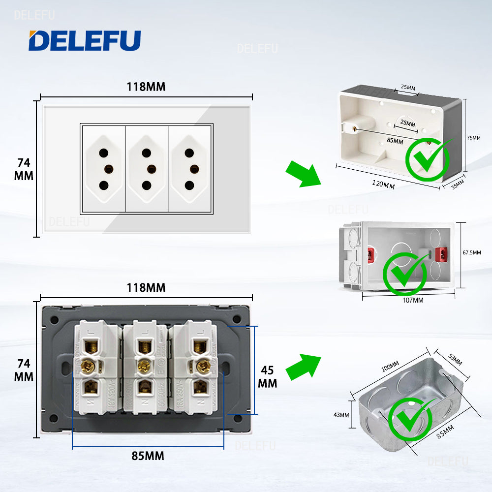 DELEFU 4*2 Branco Temperado Vidro Brasil Soquete Padrão Duplo Usb Tipo C Parede Soquete Interruptor 10A 20A