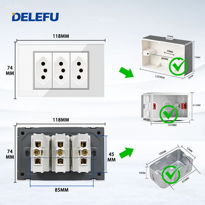 DELEFU 4*2 Branco Temperado Vidro Brasil Soquete Padrão Duplo Usb Tipo C Parede Soquete Interruptor 10A 20A