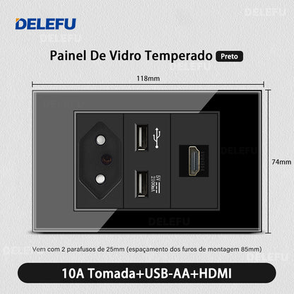 DELEFU 4*2 Preto Temperado Vidro Brasileiro Soquete Padrão Duplo Usb Tipo C Parede Soquete Interruptor 10A 20A