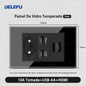 DELEFU 4*2 Preto Temperado Vidro Brasileiro Soquete Padrão Duplo Usb Tipo C Parede Soquete Interruptor 10A 20A