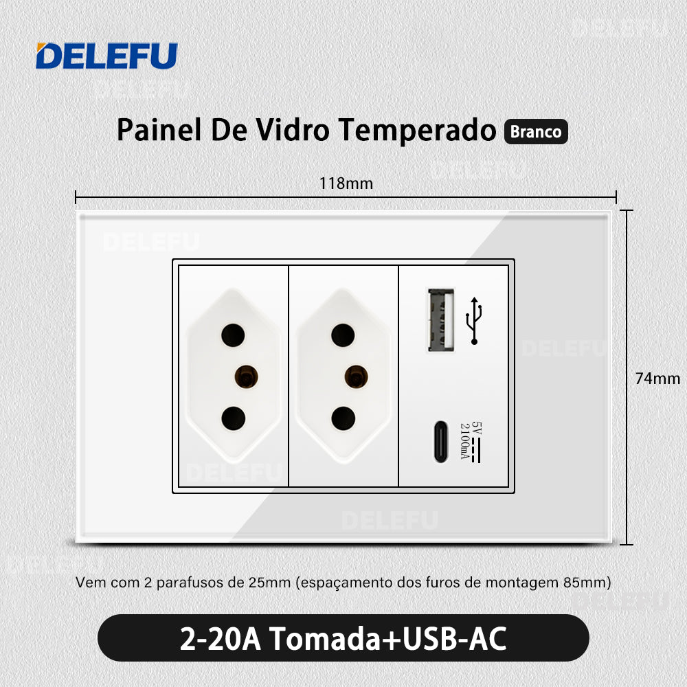 DELEFU 4*2 Branco Temperado Vidro Brasil Soquete Padrão Duplo Usb Tipo C Parede Soquete Interruptor 10A 20A
