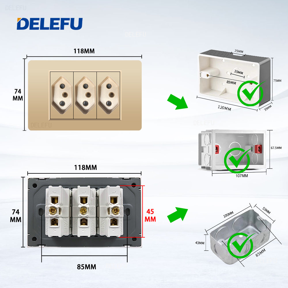 DELEFU À Prova De Fogo PC Brasil Soquete Padrão Duplo USB Tipo-c Interruptor 4 * 2 Ouro 10A 20A