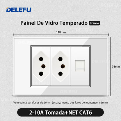 DELEFU 4*2 Branco Temperado Vidro Brasil Soquete Padrão Duplo Usb Tipo C Parede Soquete Interruptor 10A 20A