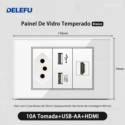 DELEFU 4*2 Branco Temperado Vidro Brasil Soquete Padrão Duplo Usb Tipo C Parede Soquete Interruptor 10A 20A