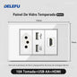 DELEFU 4*2 Branco Temperado Vidro Brasil Soquete Padrão Duplo Usb Tipo C Parede Soquete Interruptor 10A 20A