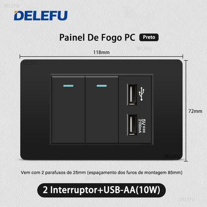 DELEFU À Prova De Fogo PC Brasil Soquete Padrão Duplo USB Tipo-c Interruptor 4 * 2 Preto 10A 20A