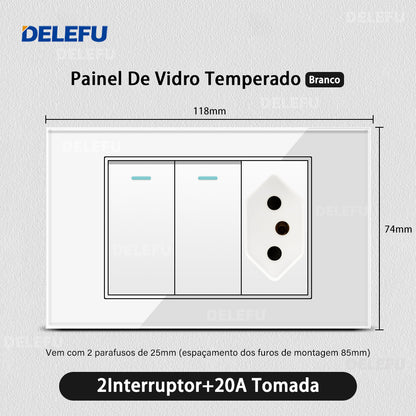 DELEFU 4*2 Branco Temperado Vidro Brasil Soquete Padrão Duplo Usb Tipo C Parede Soquete Interruptor 10A 20A