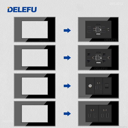 DELEFU Brasil 10A 20A Padrão Combinação Livre Preto 118mm * 72mm DIY Switch CAT6 Computador TV Telefone Satélite Tomada de Parede