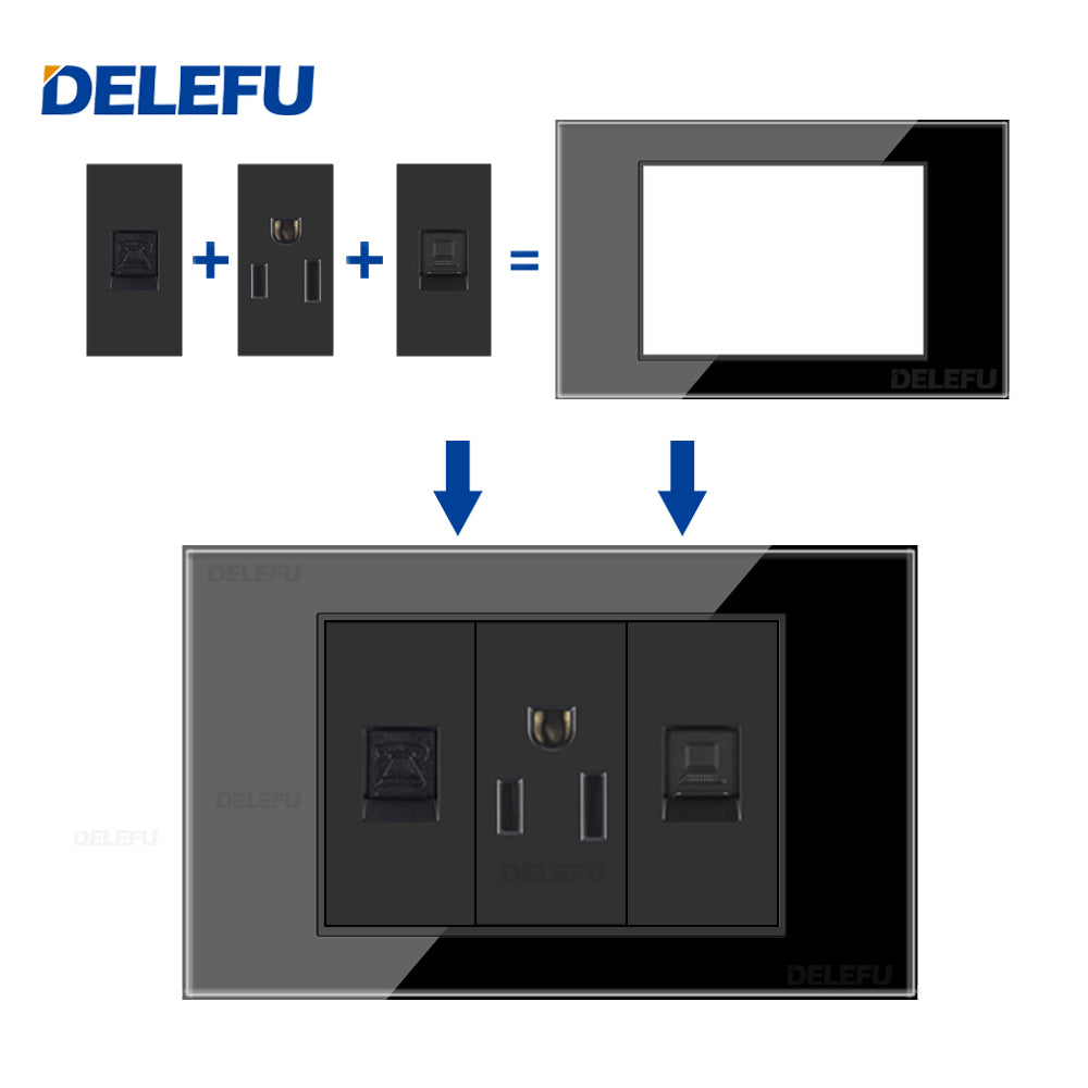 DELEFU Brasil 10A 20A Padrão Combinação Livre Preto 118mm * 72mm DIY Switch CAT6 Computador TV Telefone Satélite Tomada de Parede
