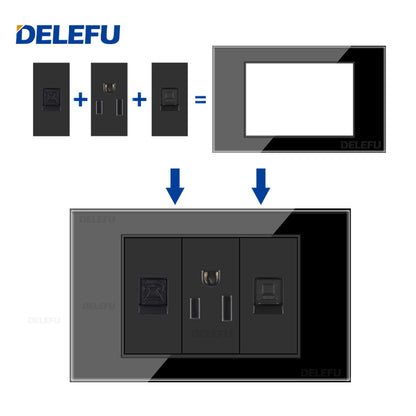 DELEFU Brasil 10A 20A Padrão Combinação Livre Preto 118mm * 72mm DIY Switch CAT6 Computador TV Telefone Satélite Tomada de Parede
