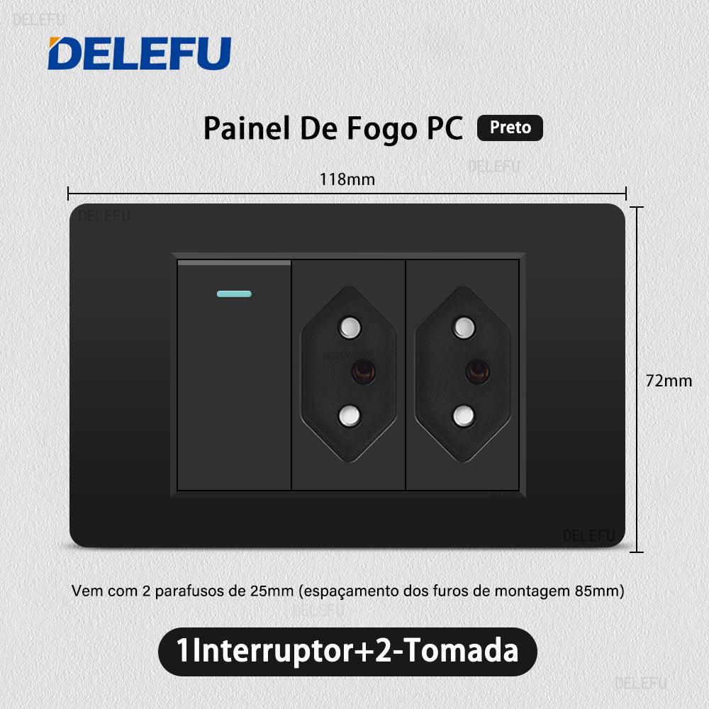 DELEFU À Prova De Fogo PC Brasil Soquete Padrão Duplo USB Tipo-c Interruptor 4 * 2 Preto 10A 20A