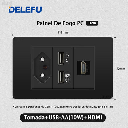 DELEFU À Prova De Fogo PC Brasil Soquete Padrão Duplo USB Tipo-c Interruptor 4 * 2 Preto 10A 20A