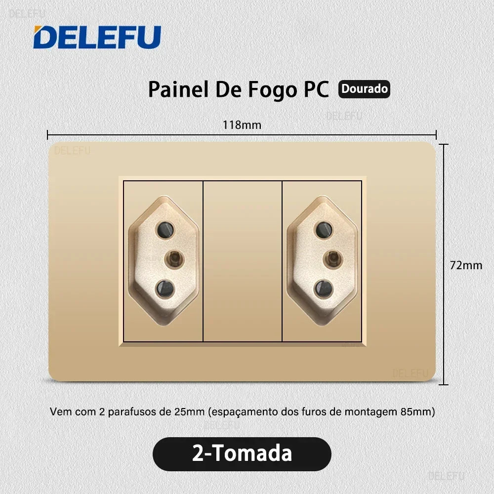 DELEFU PC Panel Fireproof Double USB Type C Charge Brazil Standard Outlet Gold Wall Power Light Switch Electrical Plug 10A 20A
