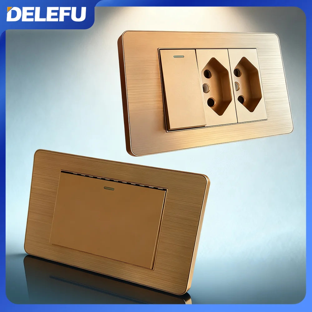 DELEFU Stainless Steel Gold Panel Series Brazil Standard Switch Socket Computer USB Type C Wall Power Socket