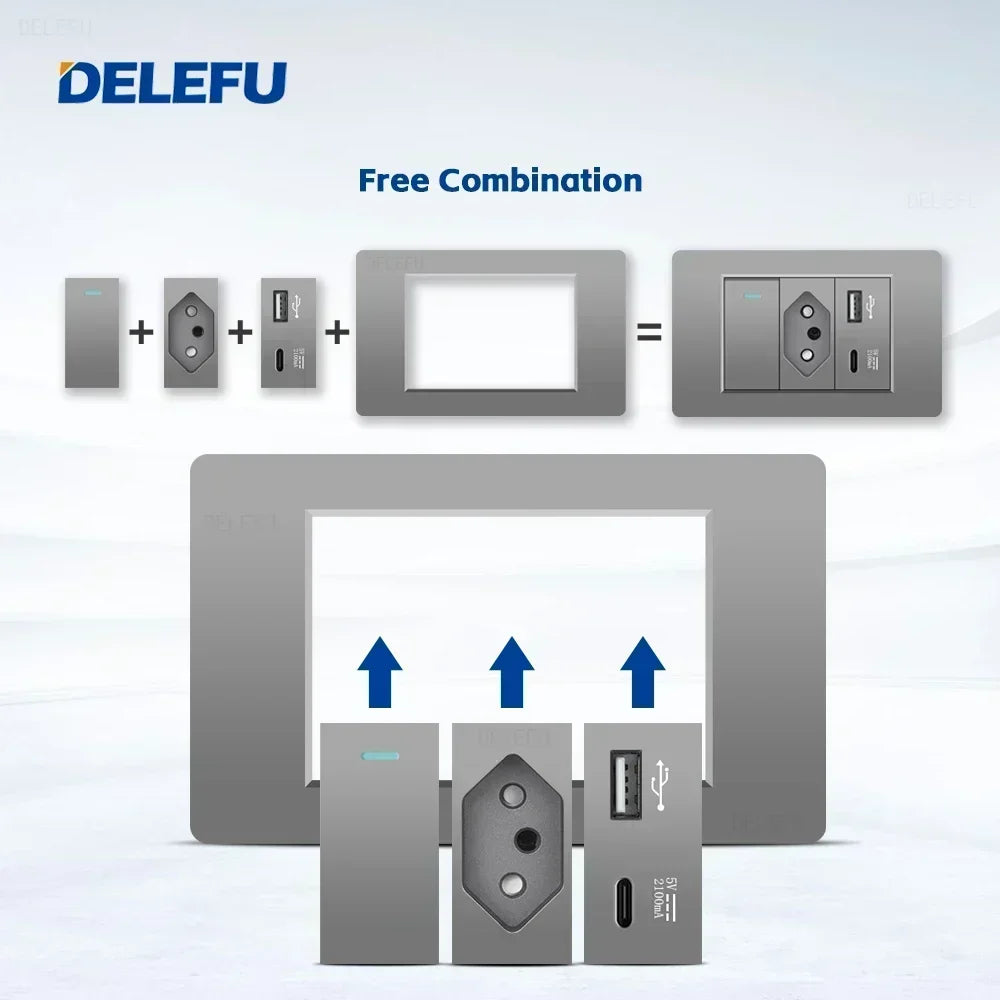 DELEFU Grey PC Panel Brazil Standard Outlet Double USB Type C Wall Power Socket Light Switch Home Office Electrical Plug 10A 20A