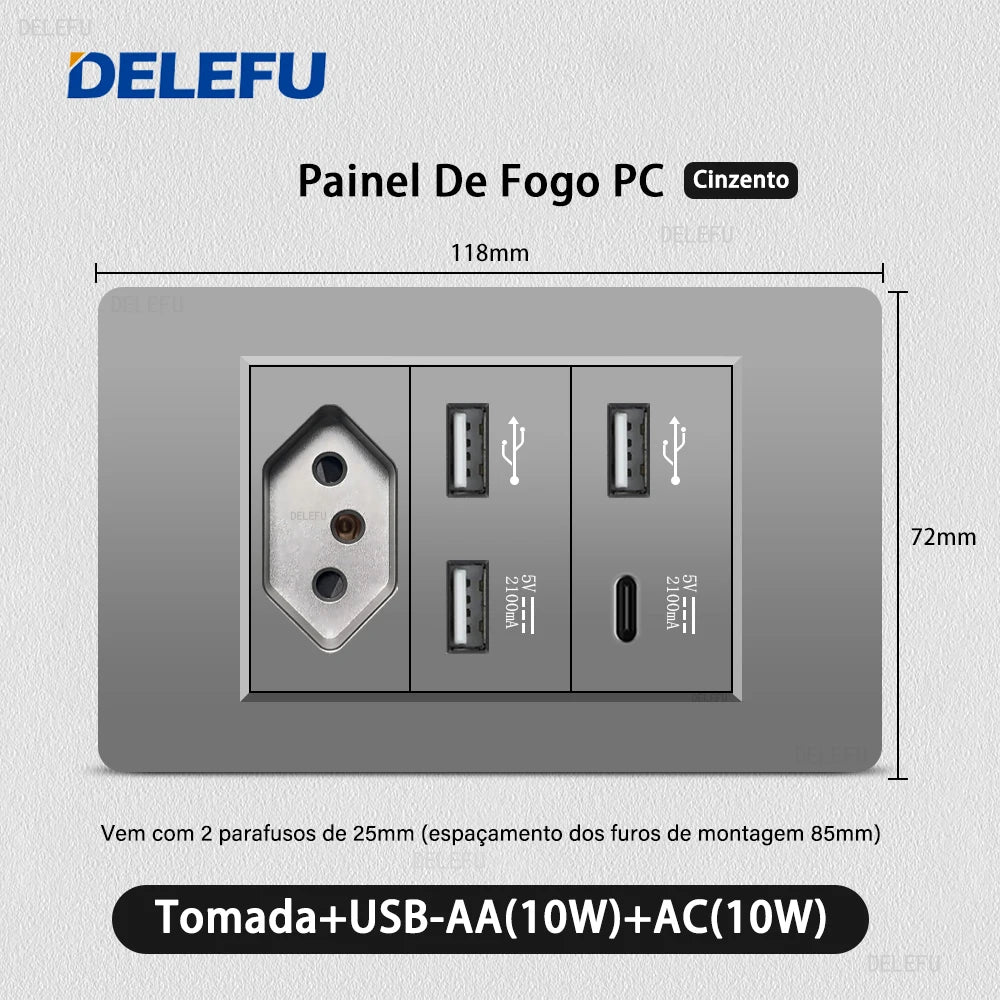 DELEFU Grey PC Panel Brazil Standard Outlet Double USB Type C Wall Power Socket Light Switch Home Office Electrical Plug 10A 20A
