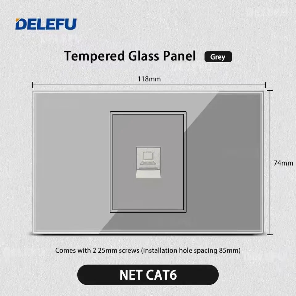 DELEFU Tempered Gray Glass Brazil Standard Outlet Dual Usb Type C Switzerland Wall Socket Light Switch Switzerland 118mm 10A 20A