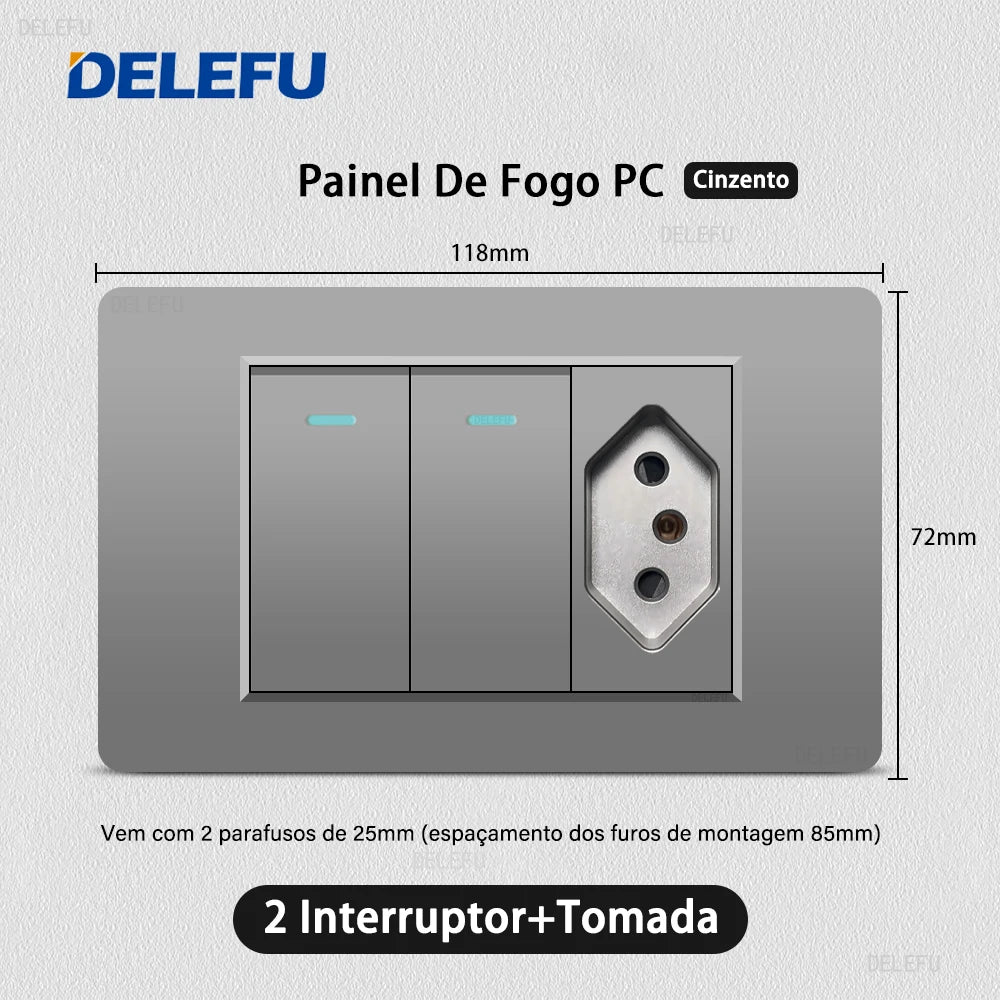 DELEFU Grey PC Panel Brazil Standard Outlet Double USB Type C Wall Power Socket Light Switch Home Office Electrical Plug 10A 20A