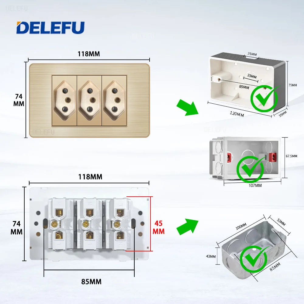 DELEFU Stainless Steel Gold Panel Series Brazil Standard Switch Socket Computer USB Type C Wall Power Socket