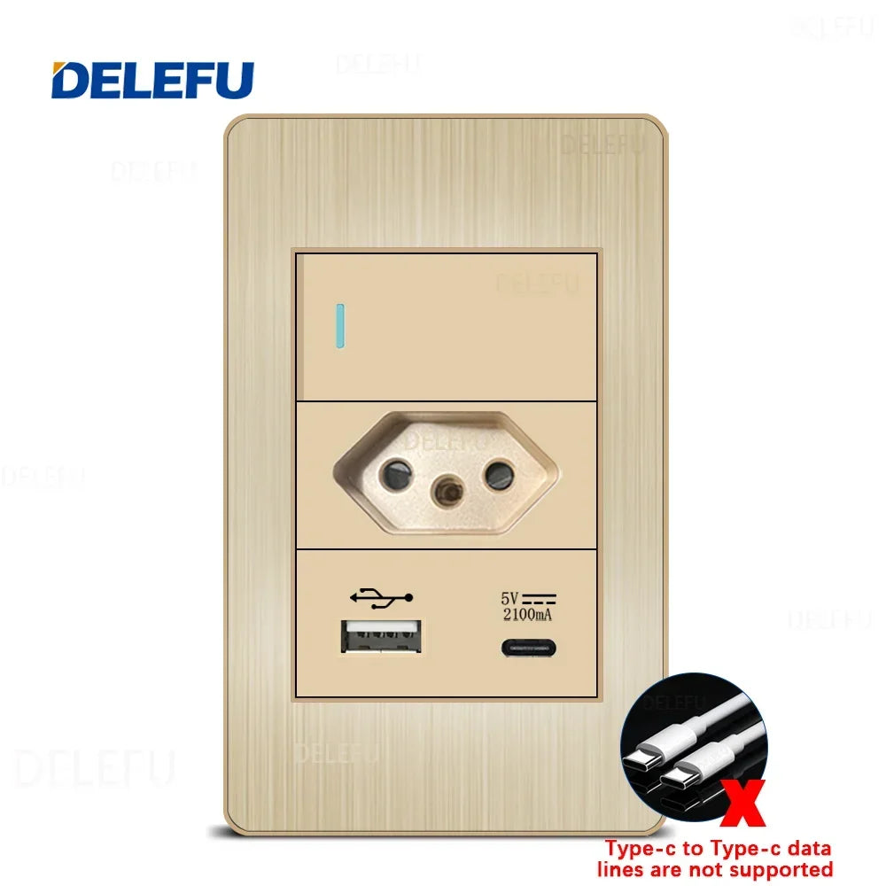 DELEFU Stainless Steel Gold Panel Series Brazil Standard Switch Socket Computer USB Type C Wall Power Socket