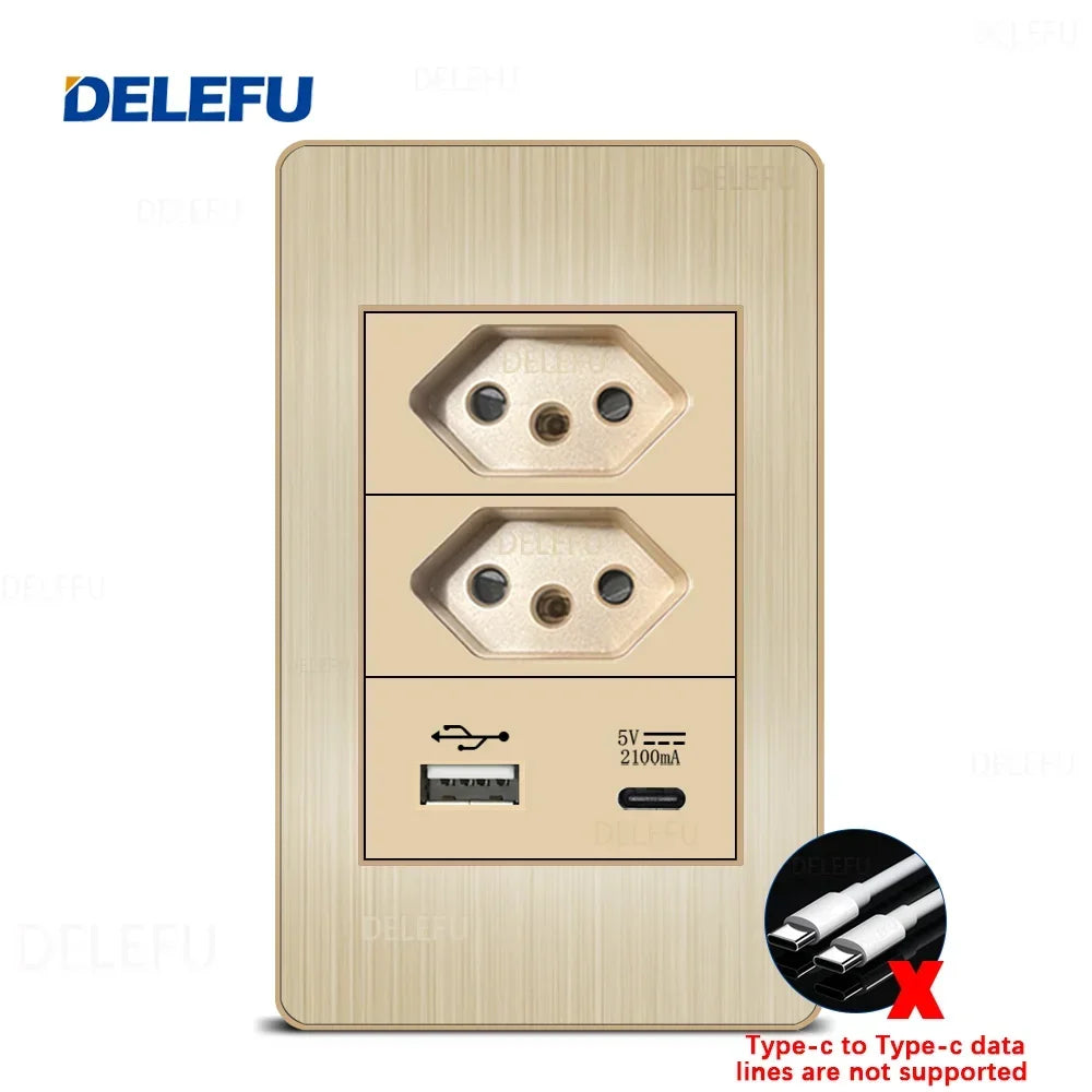 DELEFU Stainless Steel Gold Panel Series Brazil Standard Switch Socket Computer USB Type C Wall Power Socket