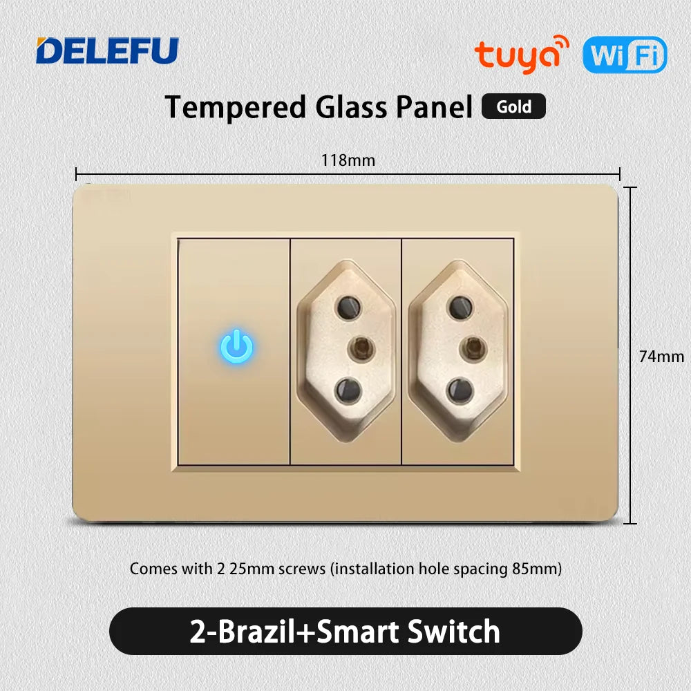 DELEFU PC Panel Fireproof Double USB Type C Charge Brazil Standard Outlet Gold Wall Power Light Switch Electrical Plug 10A 20A