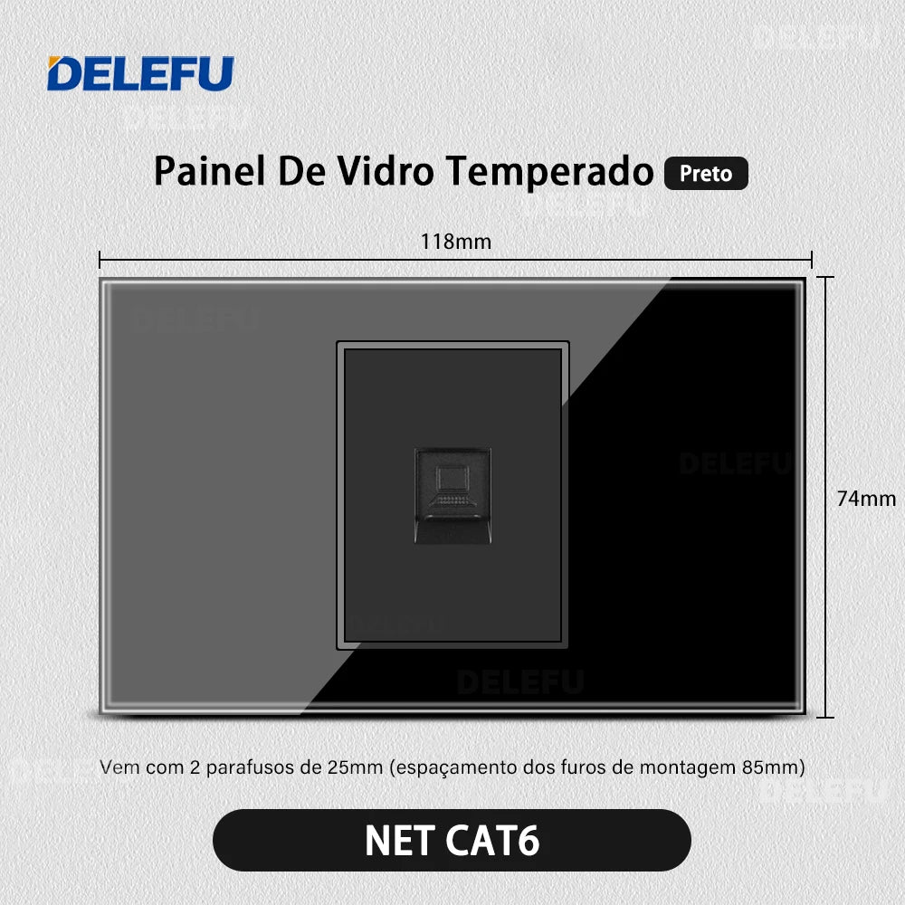 DELEFU 4*2 Black Tempered Glass Brazil Standard Outlet Dual Usb Type C Wall Socket Light Switch Switzerland 10A 20A