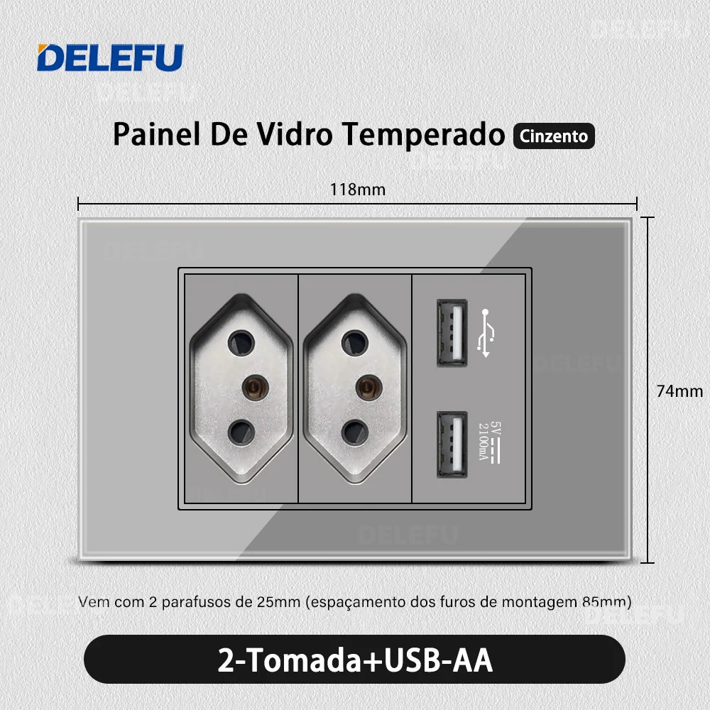 DELEFU Tempered Gray Glass Brazil Standard Outlet Dual Usb Type C Switzerland Wall Socket Light Switch Switzerland 118mm 10A 20A