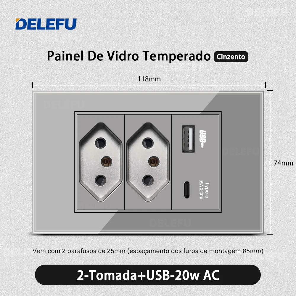 DELEFU Tempered Gray Glass Brazil Standard Outlet Dual Usb Type C Switzerland Wall Socket Light Switch Switzerland 118mm 10A 20A