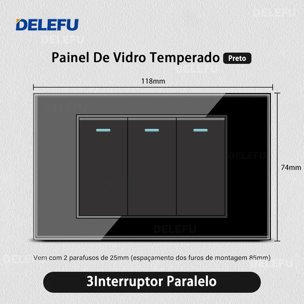 DELEFU 4*2 Black Tempered Glass Brazil Standard Outlet Dual Usb Type C Wall Socket Light Switch Switzerland 10A 20A