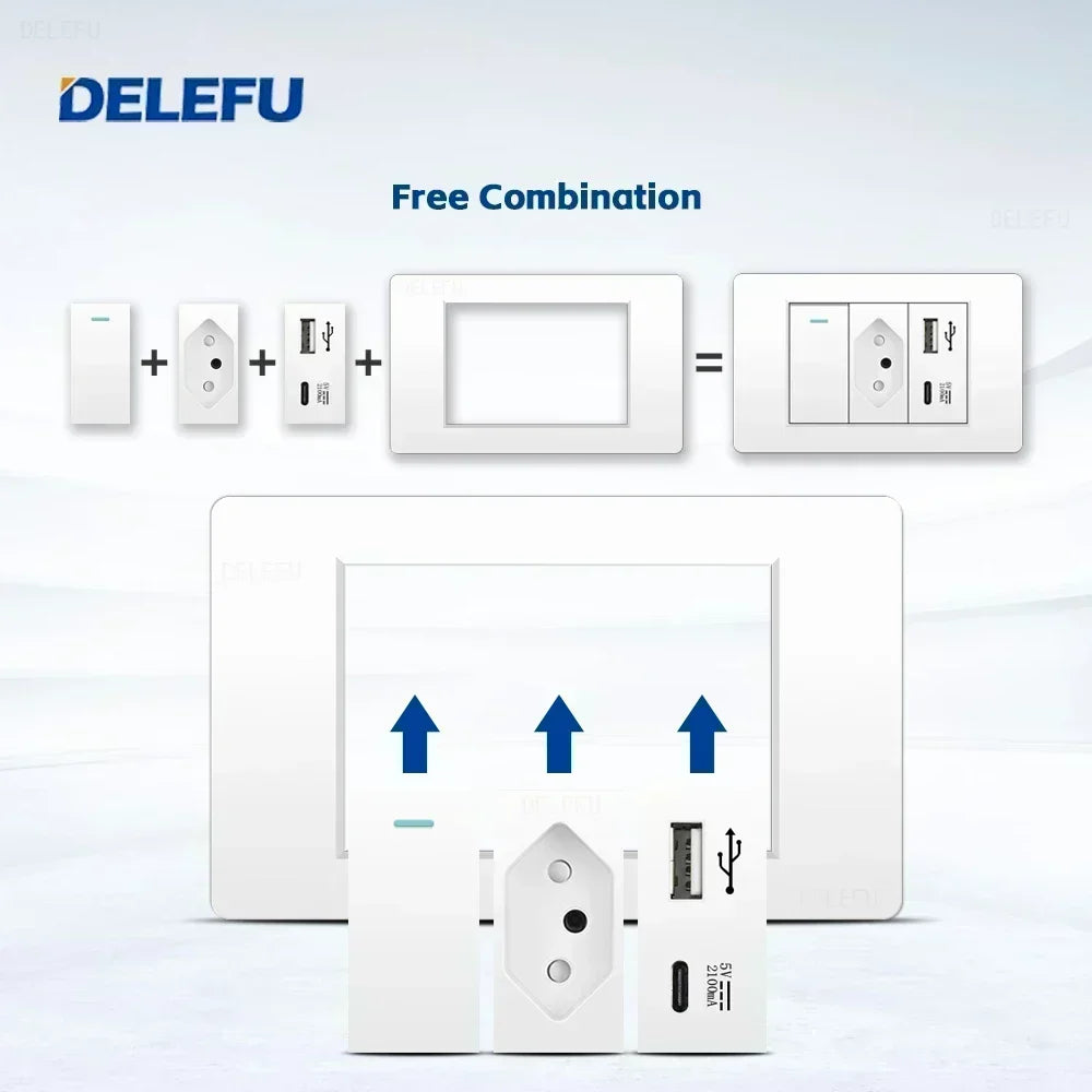 DELEFU White PC Panel Brazil Standard Outlet with Double USB Type C Wall Power Socket Smart Switch Tuya Wifi 10A 20A 118x72mm