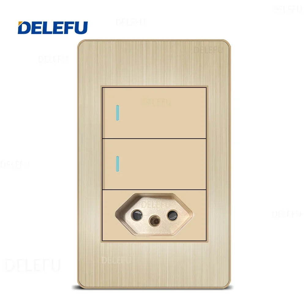DELEFU Stainless Steel Gold Panel Series Brazil Standard Switch Socket Computer USB Type C Wall Power Socket