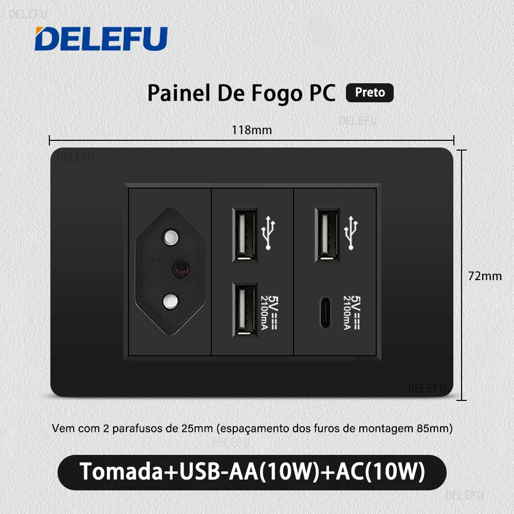 DELEFU PC Panel Fireproof Double USB Type C Charge Brazil Standard Outlet Black Wall Power Light Switch Electrical Plug  10A 20A