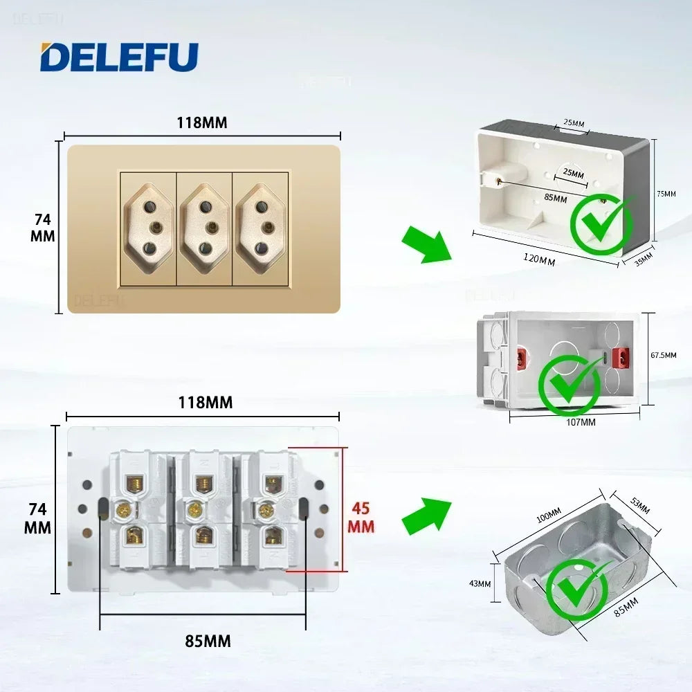 DELEFU PC Panel Fireproof Double USB Type C Charge Brazil Standard Outlet Gold Wall Power Light Switch Electrical Plug 10A 20A