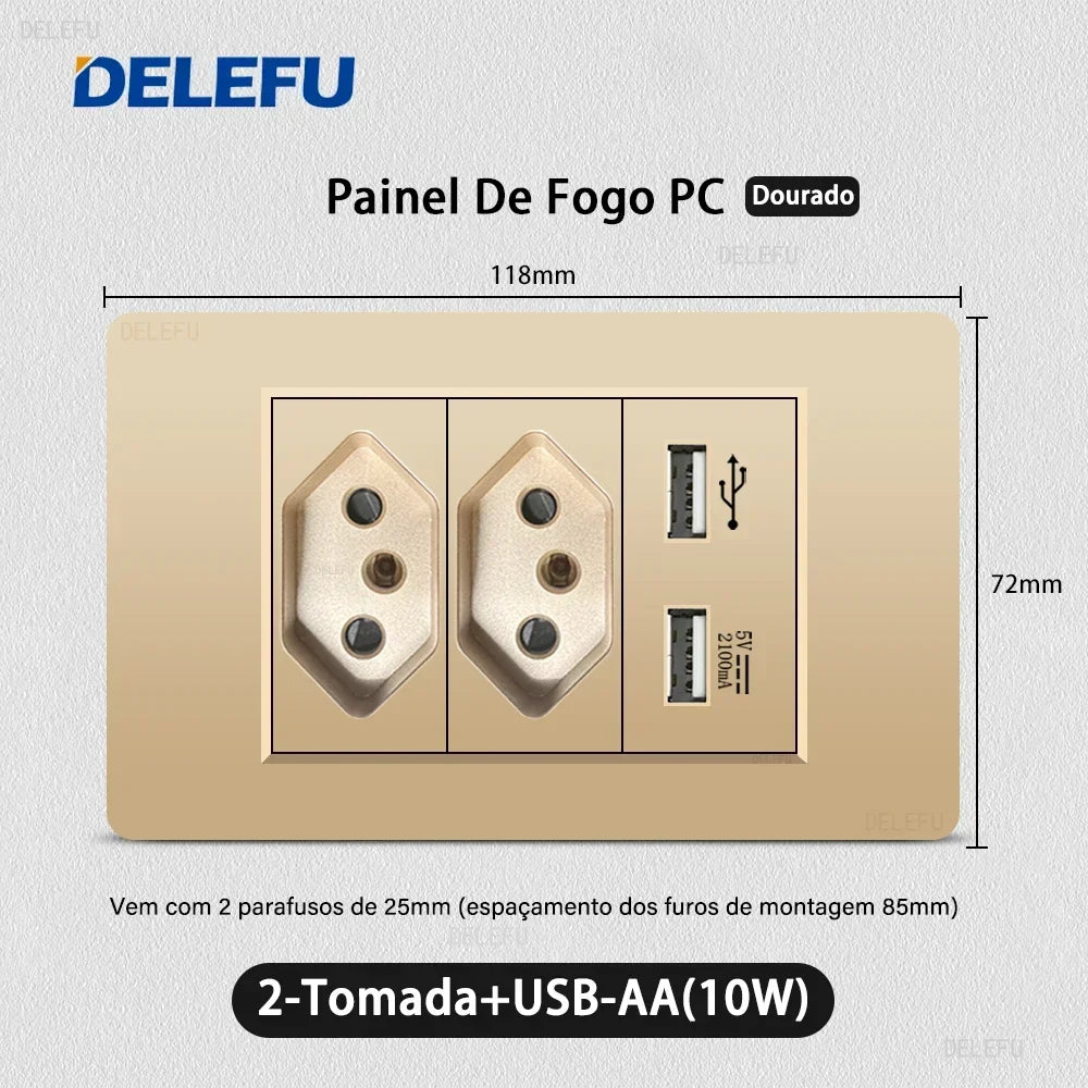 DELEFU PC Panel Fireproof Double USB Type C Charge Brazil Standard Outlet Gold Wall Power Light Switch Electrical Plug 10A 20A