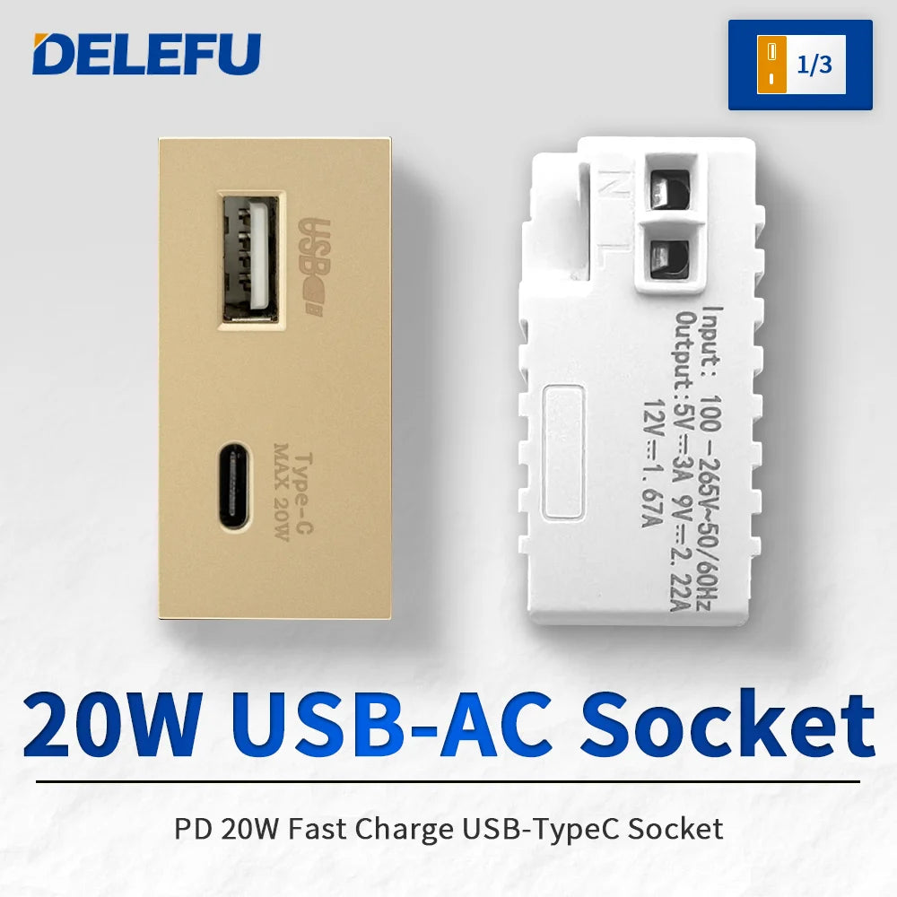 DELEFU Brazil Italian Chile Mexico Standard Free Combination Function USB Type C Key DIY Switch Socket 4*2 Gold 4*4 Fast Charge