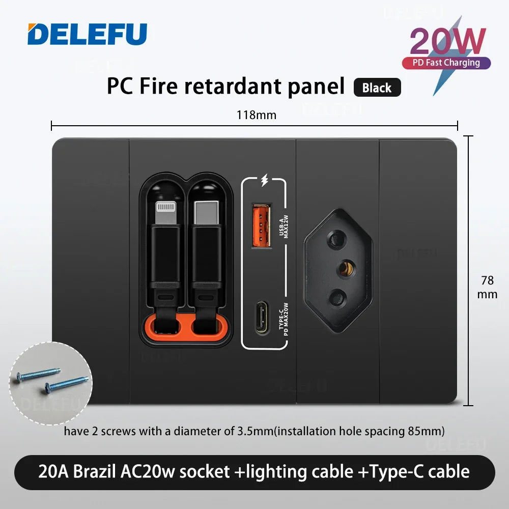 DELEFU Cable Dual Charging Brazil Chile Socket Outlet Wall USB TypeC 20W Smart Fast Ports Mobile Phone Gray  Black  White